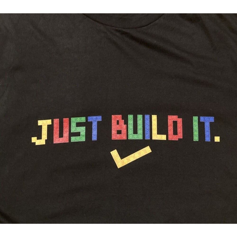 Mens L Building Block Brick T-Shirt Just Build It NEW Black Short Sleeve Graphic